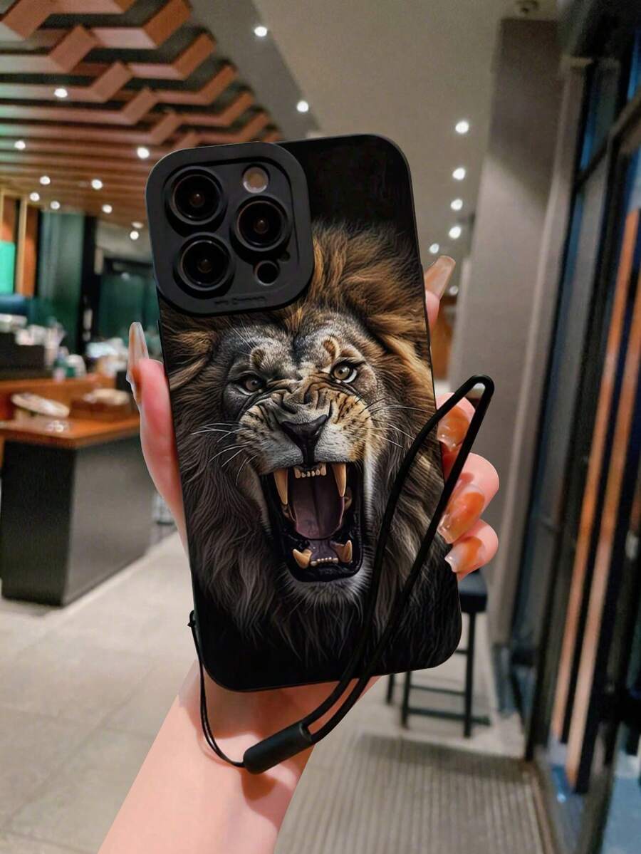 1pc Precision Hole Straight Edge Animal Lion Painted Thick Anti-Drop Phone Case Protective Cover With Silicone Wrist Strap Accessory, Compatible With IPhone/ Galaxy/ - Multicolor - View 1