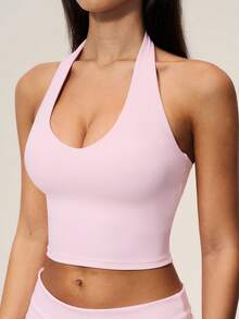 TimeOff Setelan Olahraga Wanita Satu Set Warna Polos, Atasan Tank Top Halter V-Neck Pendek & Celana Panjang Sedang Pinggang Tinggi - Berwarna merah muda - View 5