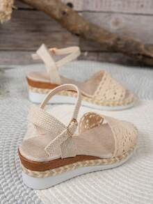 Women's Plus Size Wide Toe Box Beige Rope Wedge Platform Sandals, Hollow Ankle Strap Buckle Casual Vacation Shoes - Beige - View 5