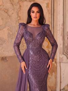 Faeriesty Elegant Sequin Long Sleeve Evening Gown With Flowing Train, Luxurious Fitted Sheer Sleeve Design Wedding Party Fall - Purple - View 3