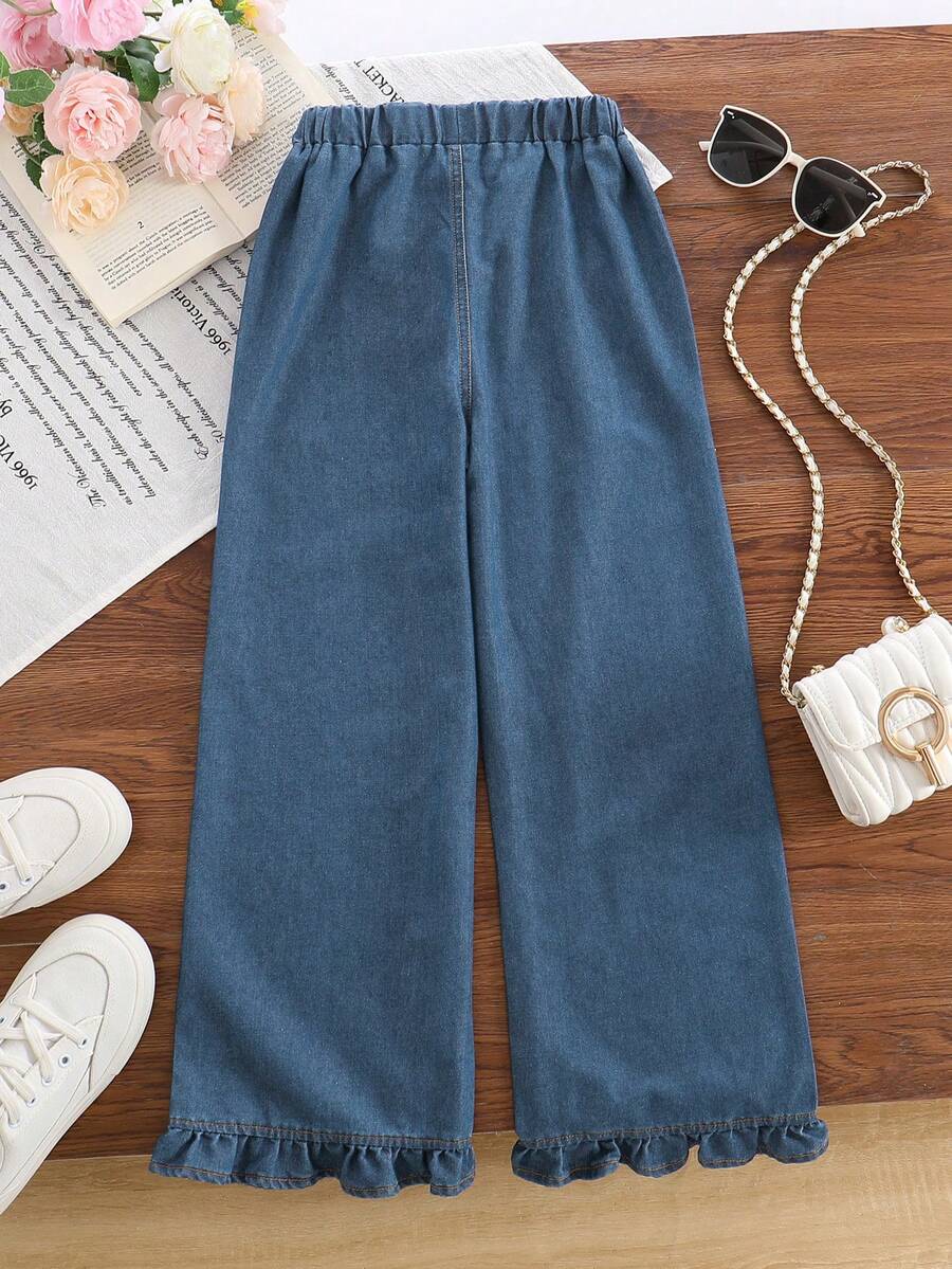 Girls' Blue Denim Jeans 2026 Summer New Fashion Versatile Retro Casual Lace Hem Design Wide Leg Long Pants - Medium Wash - View 1