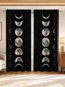 2pcs Polyester Printed Starry Night Sky Forest Moon Pattern Semi-Sheer Curtains, Rod Pocket Design, Machine Washable, Perfect For Bedroom, Office, Kitchen, Living Room, Study Decoration (Rod Not Included), Bedroom Decor, Living Room Curtains - Multicolor 3 - View 8