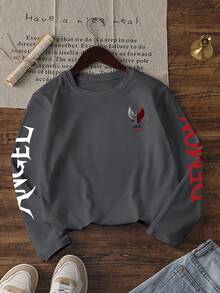 1pc Tween Boy Dark Style Angel & Devil Double Wing Print Long Sleeve T-Shirt, Dark Gray Loose Fit Base Layer Top, Spring/Autumn - Dark Grey - View 4