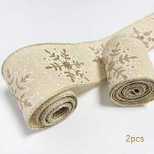 2捲裝聖誕金色雪花仿亞麻緞帶組 6.3cm寬，適用聖誕節慶派對、禮物包裝、聖誕樹DIY、聖誕花環、DIY蝴蝶結、手工裝飾緞帶 - 查看 7