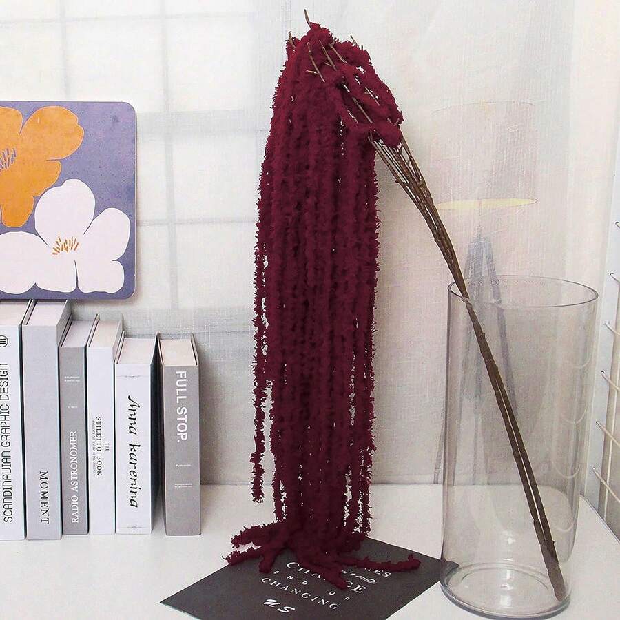 3pcs Artificial Amaranth Wall Decor, Fluffy White Artificial Amaranth Long Stem Hanging Decoration, Suitable For Home Wedding Party Decoration, Flower Wall, Holiday Party, Ceremony, Hotel, Home, Garden Decoration, Autumn, Tabletop Vase Decoration, Halloween - Burgundy - View 1