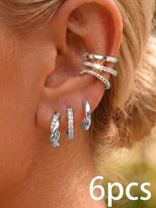 6/12pcs Elegant Dazzling Earring Sets Earrings Stack Golden Silvery Rhinestones Twisted Hoop Cuffs Stack Cartilage Clip Women Party Gifts - Earring Set - View 6