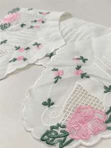 1件女款白色刺繡可拆卸領飾，粉色花卉蕾絲與綠葉細節，波浪邊緣，適用於洋裝與襯衫 - 白色 - 查看 8