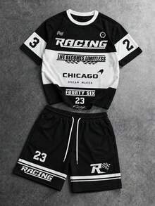 Fractyr Men's Racing Chicago 23 Letter Colorblock 2-Piece Set, Crew Neck Short Sleeve T-Shirt And Drawstring Racing Shorts Matching Sports Outfit - Black - View 1