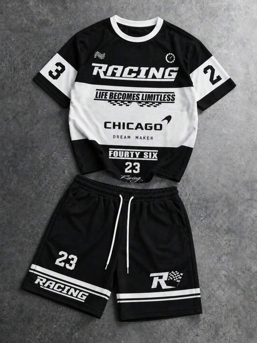 Fractyr Men's Racing Chicago 23 Letter Colorblock 2-Piece Set, Crew Neck Short Sleeve T-Shirt And Drawstring Racing Shorts Matching Sports Outfit - Black - View 1