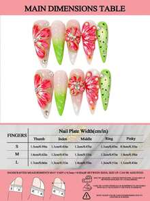 LIVENTO 10pcs/Set Summer Flower Long Pointed Press On Nails, Pink Jelly Green Ombre Handmade Press On Nails With Sparkle Rhinestone Decor, Fake Nails For Women. - A-003 - 查看 3
