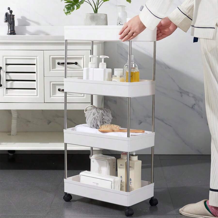 Carro multifuncional móvil de cuatro niveles – carro de almacenamiento – estante de almacenamiento estrecho y alto – ABS – diseño lateral estrecho – 4 ruedas universales – 40 x 22 x 90 cm - Blanco - Ver 1