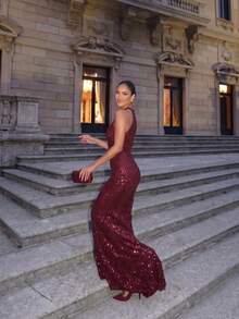 Sequin Glamorous Halter Neck Evening Gown Party - Burgundy - View 3