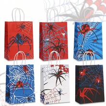 8PCS Hero Series Spider Web Pattern Printed Kraft Paper Gift Bags, Suitable For Cosplay Event Souvenirs Packaging, Birthday And Theme Party Decoration, Halloween Gift Packaging, Daily Item Storage And Shopping Bags, Happy Birthday - 451 - View 2