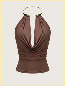 Raffinéa Top de mujer de verano nuevo para fiesta sexy con gargantilla de metal, cuello drapeado, color marrón, tela drapeada con fruncido dela - Marrón - Ver 4