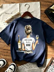 Atasan Rajut Lengan Pendek Panjang Reguler Ukuran Plus untuk Wanita, Dicetak dengan Motif "Just A Girl That Loves Wine", Cocok untuk Pakaian Sehari-hari di Musim Panas - Navy Blue - View 3
