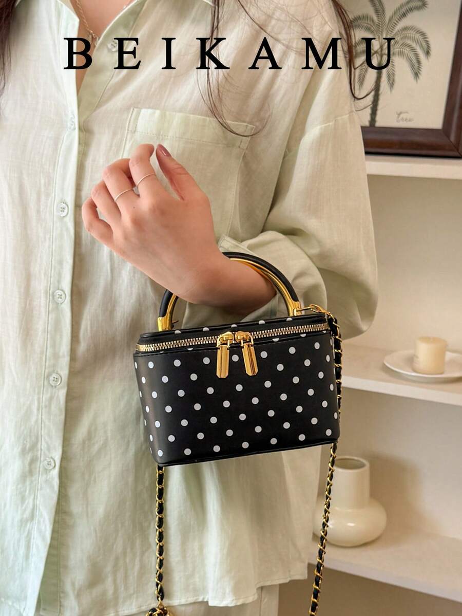 BEIKAMU 1pc Niche Design Polka Dot Handheld Box Bag, New Season Lipstick Coin Purse, Elegant Chic Chain Shoulder Crossbody Bag - Black - View 1