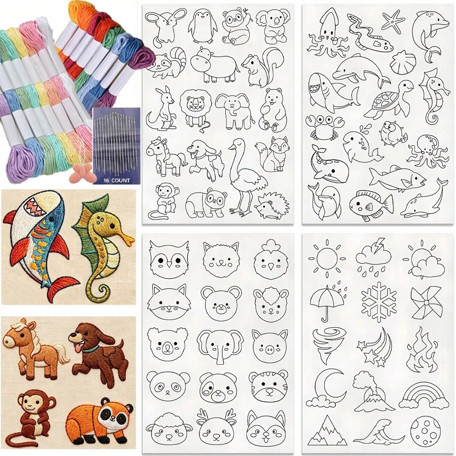 Animal Pre-Printed Water-Soluble Pattern DIY Embroidery Craft, Self-Adhesive Non-Woven Fabric Stabilizer, Suitable For Handmade Sewing Clothes, Bags, Hats Decoration - A345 - View 1