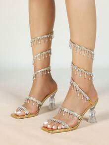 Women's Square Toe Crystal High Heel Sandals With Rhinestone Snake Wrap Strap, Elegant Fashion Open Toe Summer Autumn Minimalist Basic Style - Gold - View 10