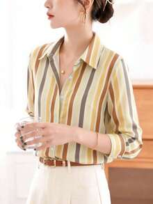 Kemeja lengan pendek berkancing motif garis-garis multiwarna, 100% katun murni, cocok untuk wanita, untuk bepergian ke kantor. - Kuning - View 6