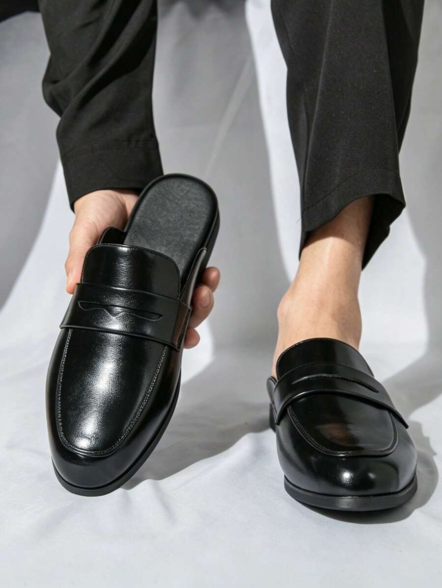 情侶樂福鞋 男款露趾鞋 封趾拖鞋 男款涼鞋 夏季戶外透氣皮拖鞋 女款平底鞋 輕量耐穿 PU 皮鞋 男款休閒皮拖鞋 - 黑色 - 查看 1
