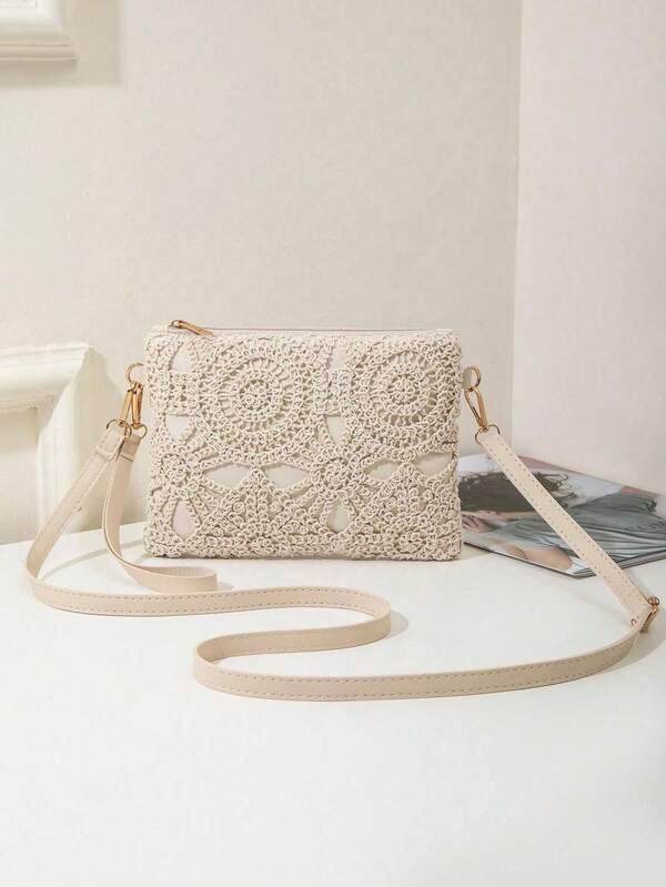 Mini Hollow Pattern Woven Beach Bag With Wrist Strap, Coin Purse And Shoulder Bag, Women's New Multifunctional Small Shoulder Bag, Cute Square Bag, Suitable For Spring/Summer Beach