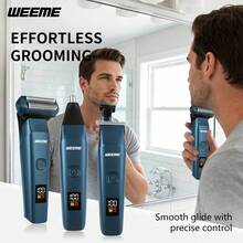 WEEME 3 In 1 Men Grooming Kit, Electric Foil Shaver Hair Clipper Nose Trimmer Set With 4 Guide Combs USB Rechargeable LED Digital Display, Available In Black/Gray/Blue - View 4