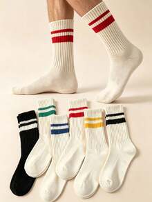 1/5 Pairs Men's Striped Mid-Calf Socks, Comfortable Breathable Moisture-Wicking Sports Socks, Couple Socks, Unisex, Suitable For Daily Wear, Sports, Back To School Season, Random Color - Multicolor - View 1