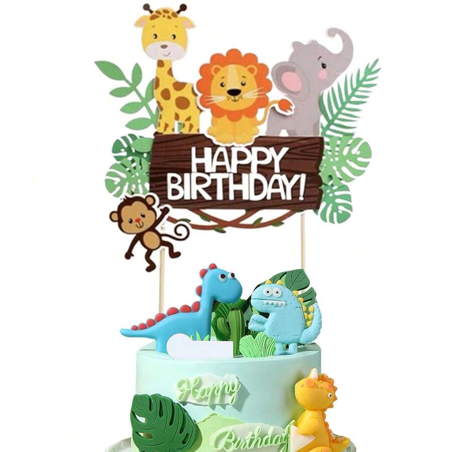 1Pc Jungle Wild Animals Happy Birthday Cake Decorations, Jungle Themed Parties - View 1