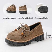 Women's New Khaki Matte Wooden Bead Tassel Lace-Up Loafers With Side Rivets, Contrast Stitching, Thick Sole, Round Toe, Preppy Style, Versatile Commuter Shoes - Khaki - View 7