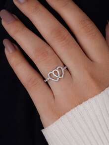 1 buah cincin hati ganda perak sterling 925, bertatahkan berlian berbagai ukuran, cocok untuk dikenakan oleh gadis dan wanita modern, pilihan ideal sebagai hadiah kencan atau perhiasan mewah. - Hati Ganda - View 3