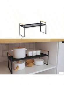 A Multi-Functional Kitchen Storage Rack, Cabinet Tiered Shelf, Countertop Spice Rack, Dish And Pot Storage Rack, Metal No-Drill Desktop Organizer. - A22-075H Multi-tier Storage Rack - View 3