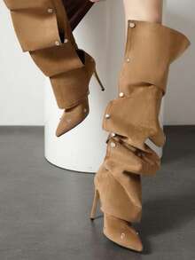 Folded Cuff Rivet Stacked Thin Heel Tall Boots 2026 New Plus Size Punk Street Style Women's Shoes - Khaki - View 5