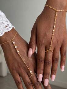2pcs/Set Gold Cubic Zirconia Chain Finger Bracelet Set, Fashion Ring Bracelet Jewelry, Suitable As Gift, Party, Wedding - Gold 2 - View 7