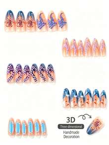 10片中長杏仁形穿戴甲 Y2K海洋仙子風 手繪波浪海鷗美人魚尾 3D紫色珠飾觸手圖案 裸色漸層藍色漩渦亮面 女款 夏季海灘度假日常美人魚Cosplay穿戴甲套裝 - 彩色 - 查看 3