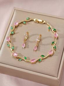 3pcs/Set 18K Gold Plated Luxury Dreamy Colorful Zirconia Tulip Flower Vine Pendant Bracelet And Water Drop Earrings, Women's, Summer Beach Mom Gift, Wedding Decoration Jewelry, Daily Party Birthday Valentine's Day Gift - Gold - View 1