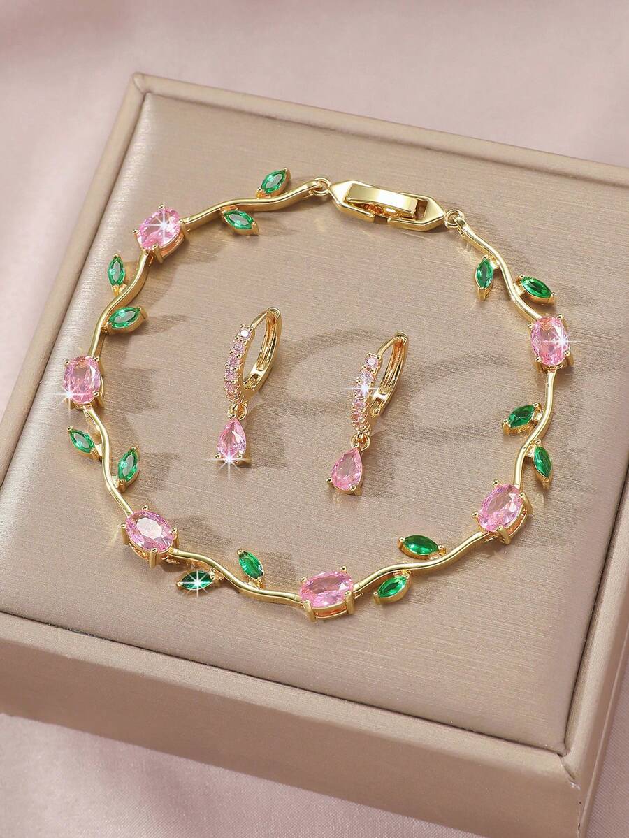 3pcs/Set 18K Gold Plated Luxury Dreamy Colorful Zirconia Tulip Flower Vine Pendant Bracelet And Water Drop Earrings, Women's, Summer Beach Mom Gift, Wedding Decoration Jewelry, Daily Party Birthday Valentine's Day Gift - Gold - View 1