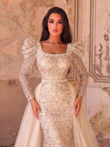 Faeriesty Elegant Square Neckline Tulle Overlay Mermaid Hem Beaded Formal Gown And Evening Dress Party Wedding Vacation Fall - Champagne - View 2