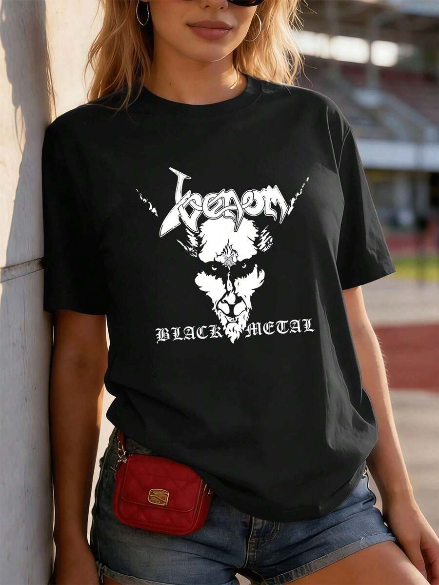 Women's Black Oversized Graphic Print T-Shirt, Soft Cotton, Relaxed Fit, Breathable, Casual, With . - Black - View 1