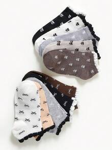 5/10 Pairs Girls Big Kids Spring Sweet Floral Bow Puff Cuff Short Socks - Multicolor - View 2