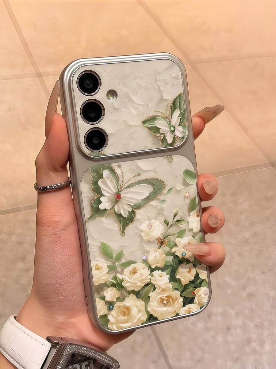 1pc Cute Oil Painting Spring Butterfly Pattern Spray Painted TPU Full Coverage Phone Case Compatible With Galaxy S26 S25 S24 Ultra S24 Plus S24 FE S23 S22 A55 A54 A53 A52 A50 A30 A42 A35 A34 A33 A25 A24 A20 A30 A15 A17, Smart 8/ Hot 40i/Spark 20/Spark 20C/Spark Go 2024/ G84/ A7 Pro/Honor X9A X9B X9C X9D - Silver - View 1