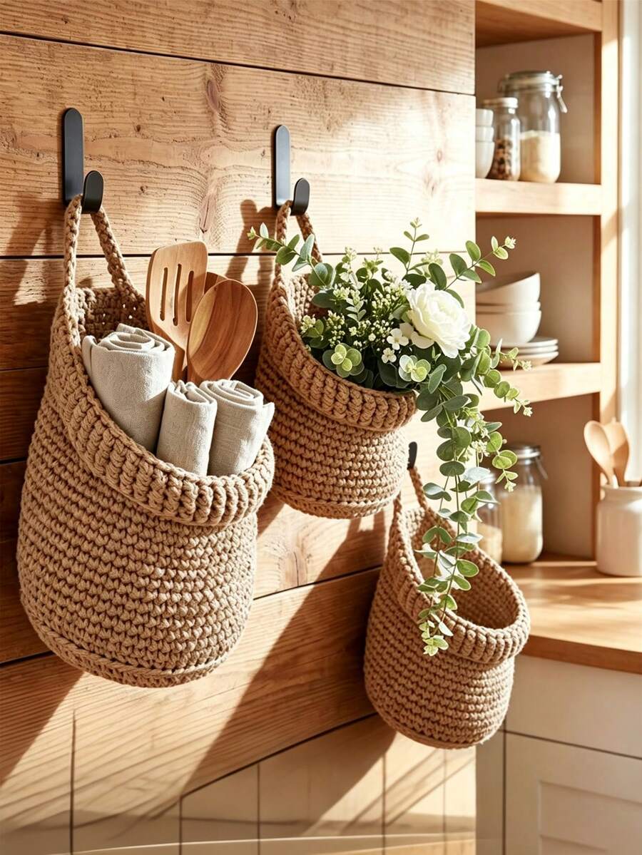 1/3pcs Wall Hanging Baskets, Woven Rope Storage Baskets, Bohemian Style Wall Hanging Storage Baskets, Suitable For Kitchen, Bedroom, Bathroom And Home Decor - Khaki - View 1