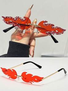 1/2/3pcs Women's Flame Shaped Rhinestone Red Rimless Glasses, European And American Style Exaggerated Personalized Fashion Glasses, Zinc Alloy Temple, Suitable For Party / Music Festival / Street Photography / Theme Event / Stage Performance Niche Eye-Catching Accessory - Multicolor - View 19