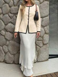 MORI 秋冬女款 Y2K 軟綿奶油色黑邊圓領金扣長袖針織開襟衫上衣，美學街頭風穿搭 - 曉月拼玄黑 - 查看 6