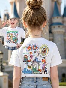 Zootopia Z Ootopia Full Character Girls Cotton Tee, Soft Washable Summer Top, Ideal For Theme Park, Daily Outing, Holiday & Birthday Gift For Tween Girls - 白色 - 查看 1