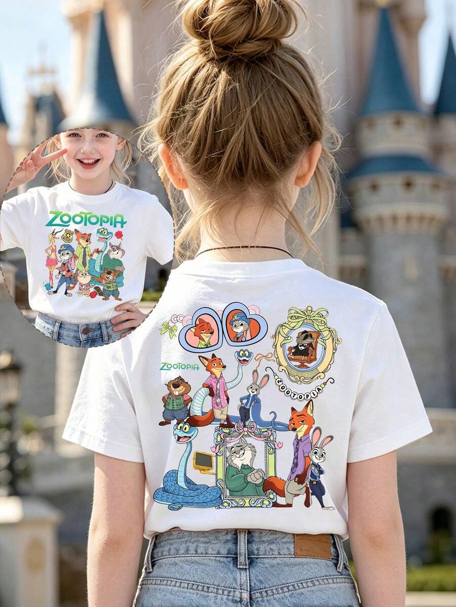 Zootopia Z Ootopia Full Character Girls Cotton Tee, Soft Washable Summer Top, Ideal For Theme Park, Daily Outing, Holiday & Birthday Gift For Tween Girls - 白色 - 查看 1