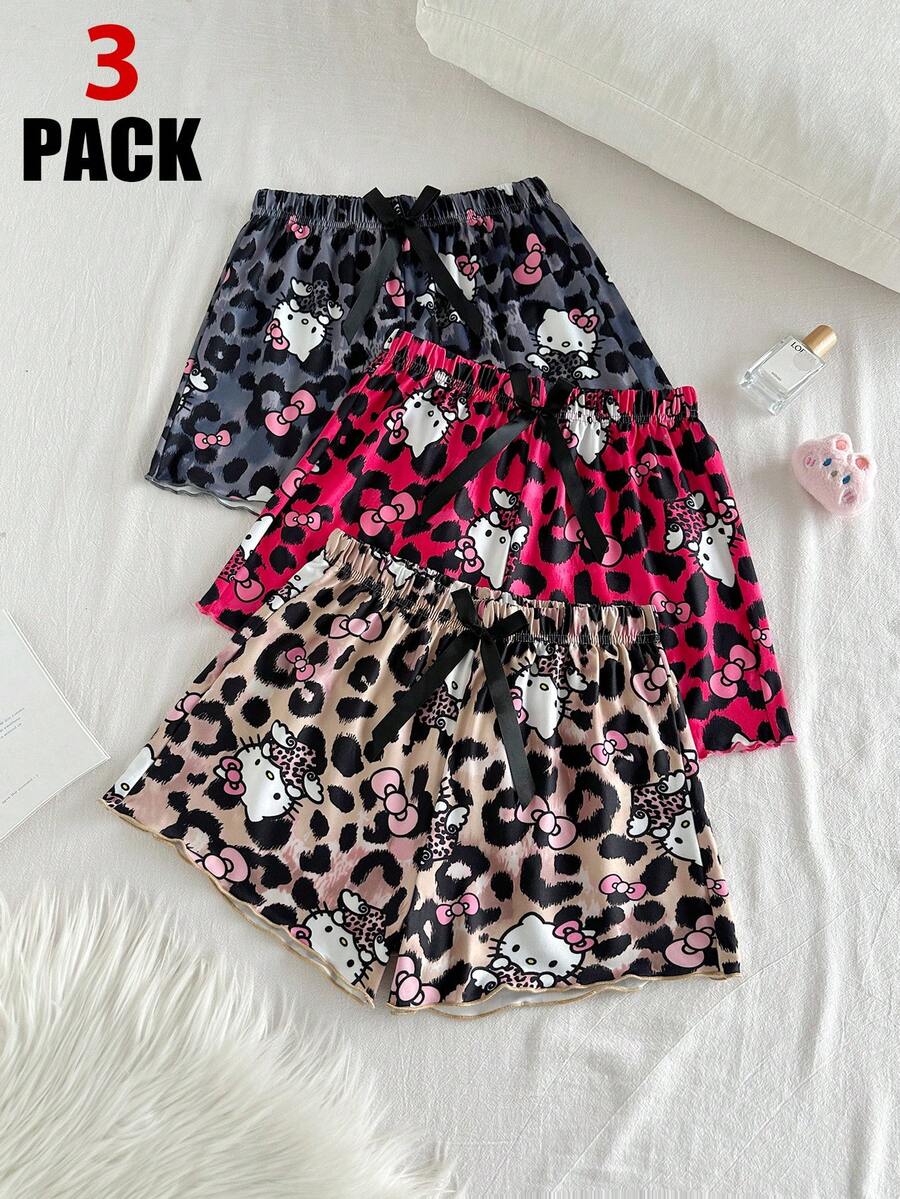 SANRIO 3pcs/Pack Versatile Leopard Print Shorts For Women, Soft & Comfortable Fabric, Loose Fit, Suitable For Daily, Home, Casual Wear - Multicolor - View 1