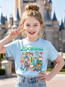 Zootopia Z Ootopia Full Character Girls Cotton Tee, Soft Washable Summer Top, Ideal For Theme Park, Daily Outing, Holiday & Birthday Gift For Tween Girls - 淺藍色 - 查看 1