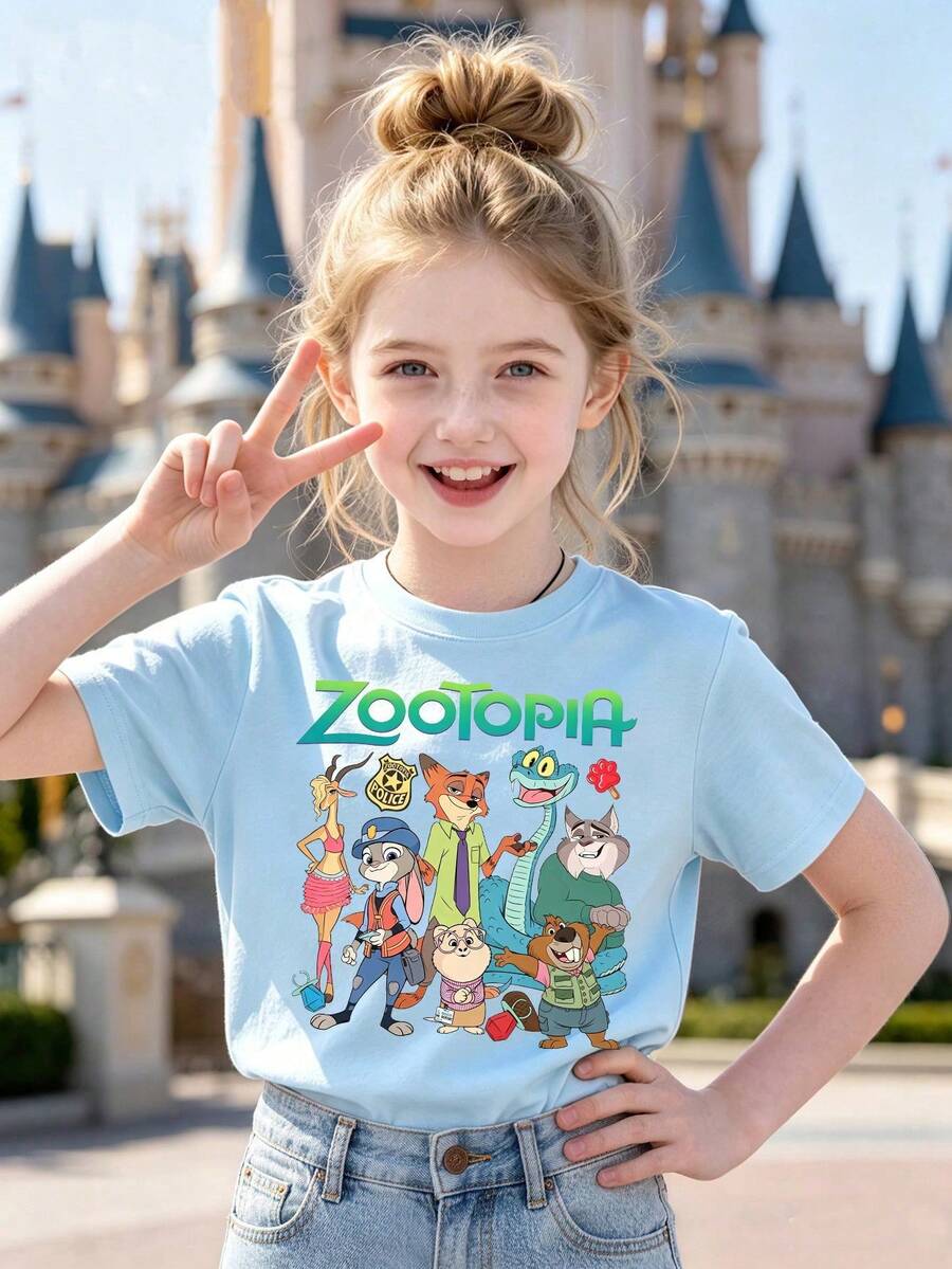 Zootopia Z Ootopia Full Character Girls Cotton Tee, Soft Washable Summer Top, Ideal For Theme Park, Daily Outing, Holiday & Birthday Gift For Tween Girls - 淺藍色 - 查看 1
