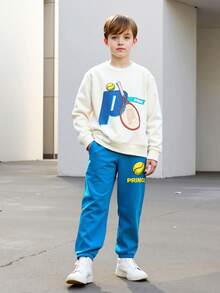 Boys/Tween BoysSpring/Autumn 2-Piece Set, Letter & Racket Print Crew Neck Long Sleeve Top With Lake Blue Jogger Sweatpants, Student Sports Casual Everyday Versatile Outfit - Blue - View 2