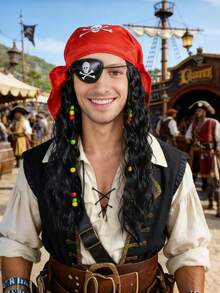 Multi Style Pirate Wig Set Black Brown Long Curly Braided Hair With Color Beads For Caribbean Captain Halloween Men Cosplay Costume Hairpiece - Multicolor - View 7